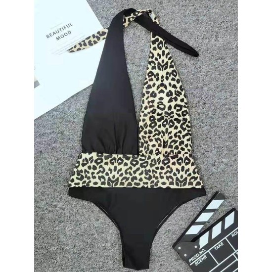 Leopard Print Split-Joint Asymmetric High-Neck One-Piece Swimwear Leopard Print Split-Joint Asymmetric High-Neck One-Piece Swimwear