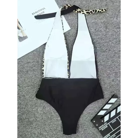 Leopard Print Split-Joint Asymmetric High-Neck One-Piece Swimwear Leopard Print Split-Joint Asymmetric High-Neck One-Piece Swimwear