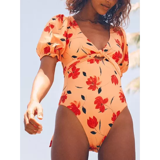 Short Sleeve V Neck One-Piece Swimwear Short Sleeve V Neck One-Piece Swimwear
