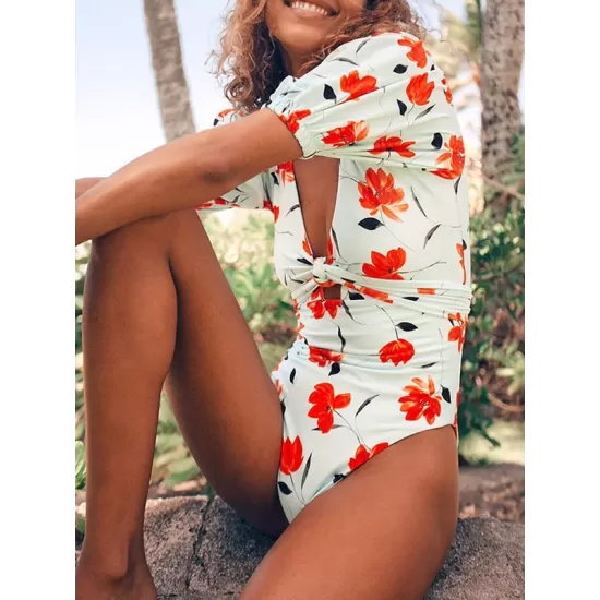 Short Sleeve V Neck One-Piece Swimwear Short Sleeve V Neck One-Piece Swimwear