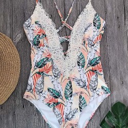 V-Neck Lace Spaghetti-Neck One-Piece Swimwear