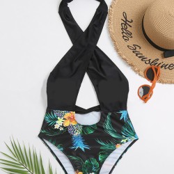 Floral-Print Split-Joint Backless Halterneck One-Piece Swimwear