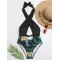 Floral-Print Split-Joint Backless Halterneck One-Piece Swimwear