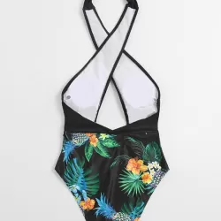 Floral-Print Split-Joint Backless Halterneck One-Piece Swimwear