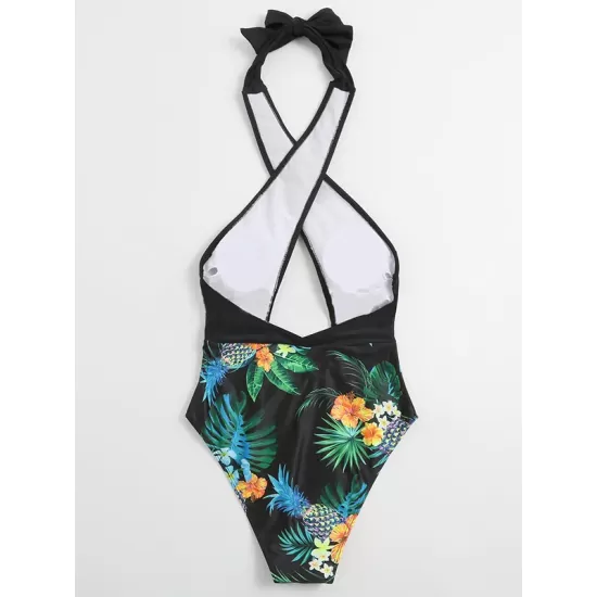 Floral-Print Split-Joint Backless Halterneck One-Piece Swimwear Floral-Print Split-Joint Backless Halterneck One-Piece Swimwear