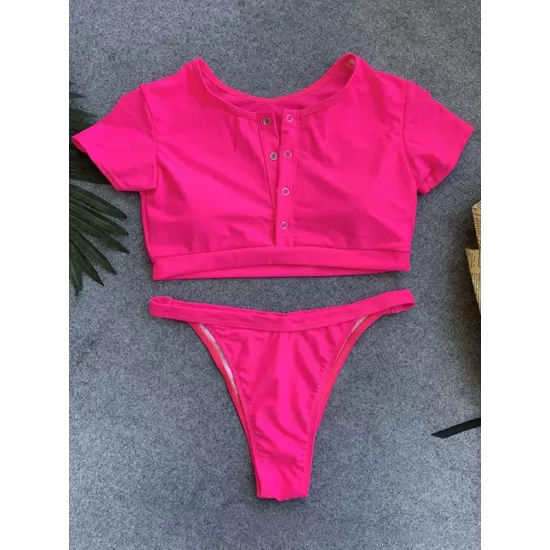 Short Sleeve Button V-Neck Hipster Tankini Swimwear Short Sleeve Button V-Neck Hipster Tankini Swimwear