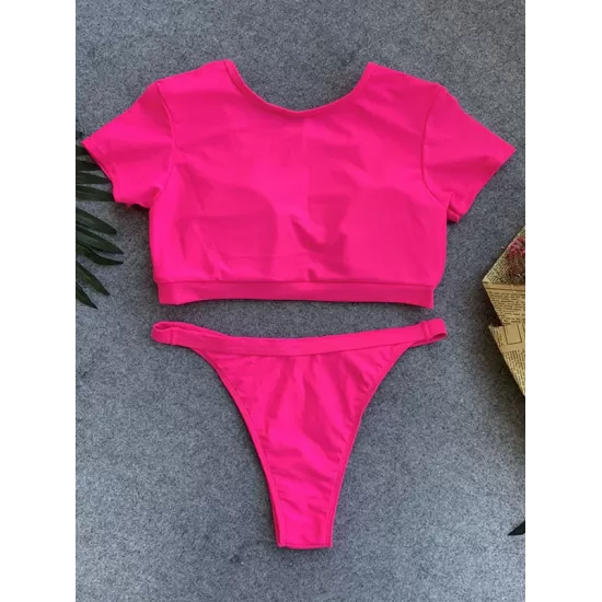 Short Sleeve Button V-Neck Hipster Tankini Swimwear Short Sleeve Button V-Neck Hipster Tankini Swimwear