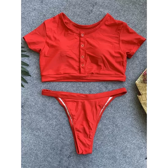 Short Sleeve Button V-Neck Hipster Tankini Swimwear Short Sleeve Button V-Neck Hipster Tankini Swimwear