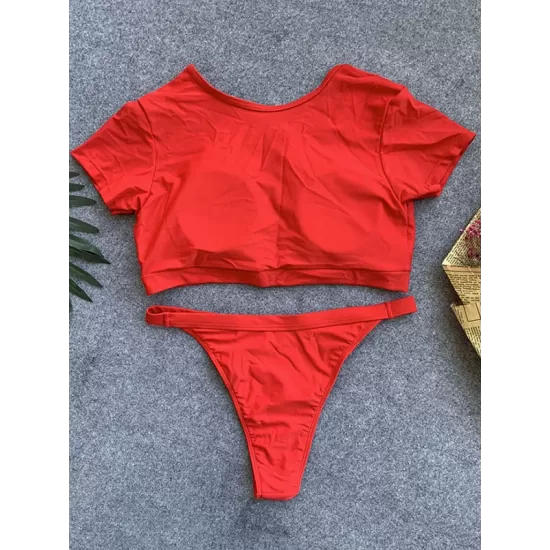Short Sleeve Button V-Neck Hipster Tankini Swimwear Short Sleeve Button V-Neck Hipster Tankini Swimwear