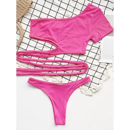 Solid Color Bandage One-Shoulder Split Tankini Swimsuit Solid Color Bandage One-Shoulder Split Tankini Swimsuit