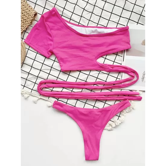 Solid Color Bandage One-Shoulder Split Tankini Swimsuit Solid Color Bandage One-Shoulder Split Tankini Swimsuit