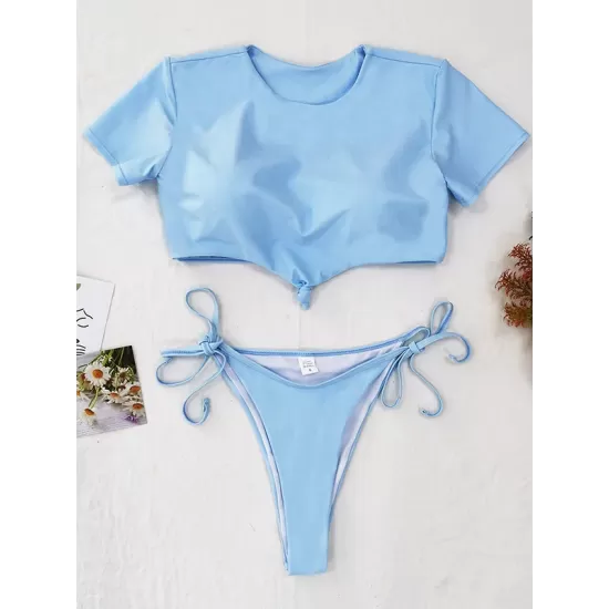 Short Sleeve Bandage Tie Side Tankinis Swimwear Short Sleeve Bandage Tie Side Tankinis Swimwear