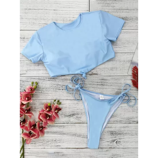 Short Sleeve Bandage Tie Side Tankinis Swimwear Short Sleeve Bandage Tie Side Tankinis Swimwear