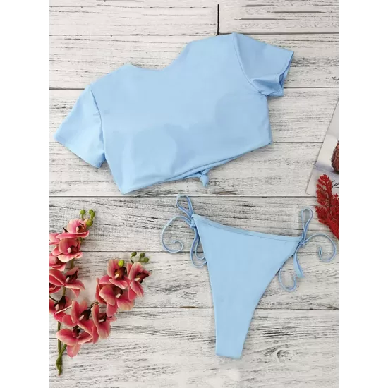 Short Sleeve Bandage Tie Side Tankinis Swimwear Short Sleeve Bandage Tie Side Tankinis Swimwear