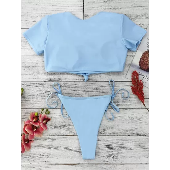 Short Sleeve Bandage Tie Side Tankinis Swimwear Short Sleeve Bandage Tie Side Tankinis Swimwear
