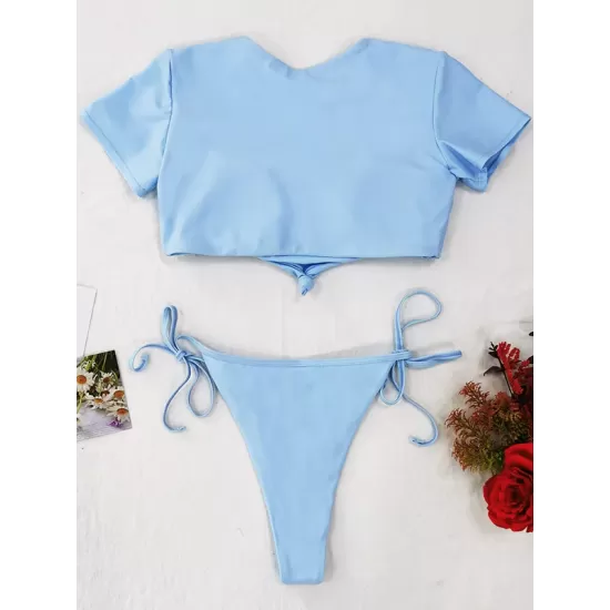 Short Sleeve Bandage Tie Side Tankinis Swimwear Short Sleeve Bandage Tie Side Tankinis Swimwear