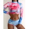 Tie-Dyed Long Sleeve High-Waisted Split Rash Guards