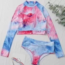 Tie-Dyed Long Sleeve High-Waisted Split Rash Guards