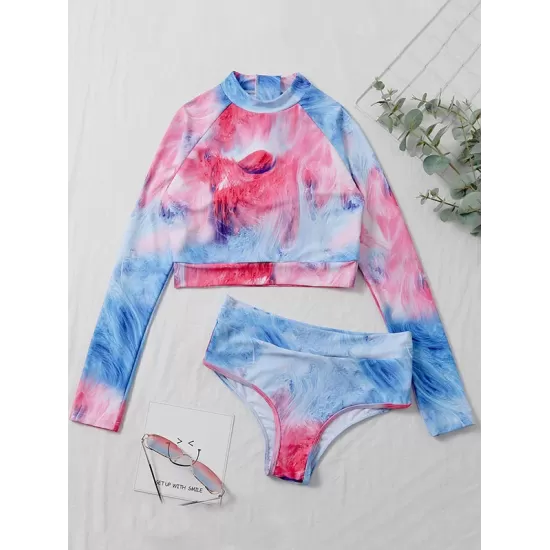 Tie-Dyed Long Sleeve High-Waisted Split Rash Guards Tie-Dyed Long Sleeve High-Waisted Split Rash Guards