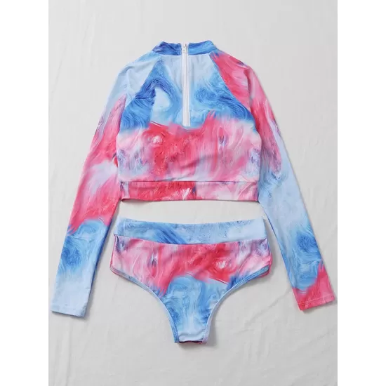 Tie-Dyed Long Sleeve High-Waisted Split Rash Guards Tie-Dyed Long Sleeve High-Waisted Split Rash Guards