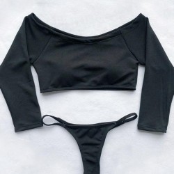 Off-The-Shoulder Ribbed Plain Tankini Swimsuit