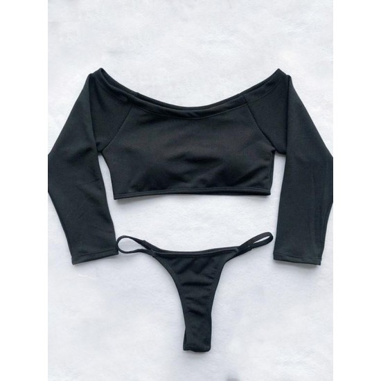 Off-The-Shoulder Ribbed Plain Tankini Swimsuit Off-The-Shoulder Ribbed Plain Tankini Swimsuit
