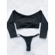 Off-The-Shoulder Ribbed Plain Tankini Swimsuit Off-The-Shoulder Ribbed Plain Tankini Swimsuit