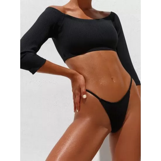 Off-The-Shoulder Ribbed Plain Tankini Swimsuit Off-The-Shoulder Ribbed Plain Tankini Swimsuit