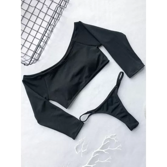 Off-The-Shoulder Ribbed Plain Tankini Swimsuit Off-The-Shoulder Ribbed Plain Tankini Swimsuit