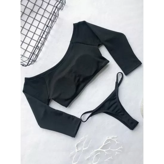 Off-The-Shoulder Ribbed Plain Tankini Swimsuit Off-The-Shoulder Ribbed Plain Tankini Swimsuit