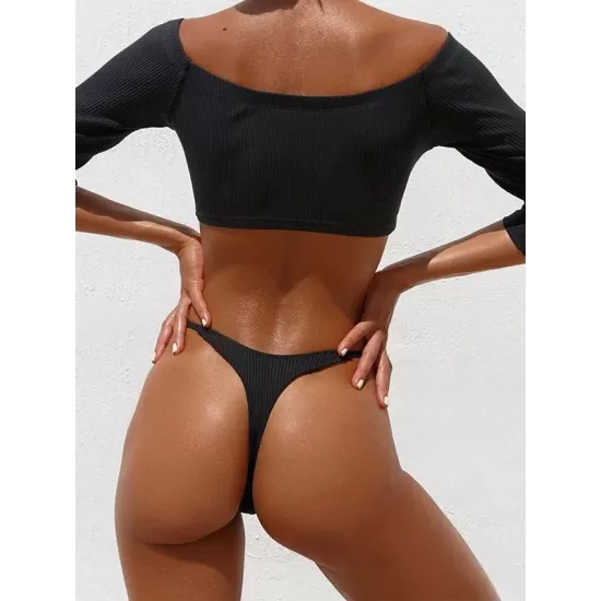 Off-The-Shoulder Ribbed Plain Tankini Swimsuit Off-The-Shoulder Ribbed Plain Tankini Swimsuit