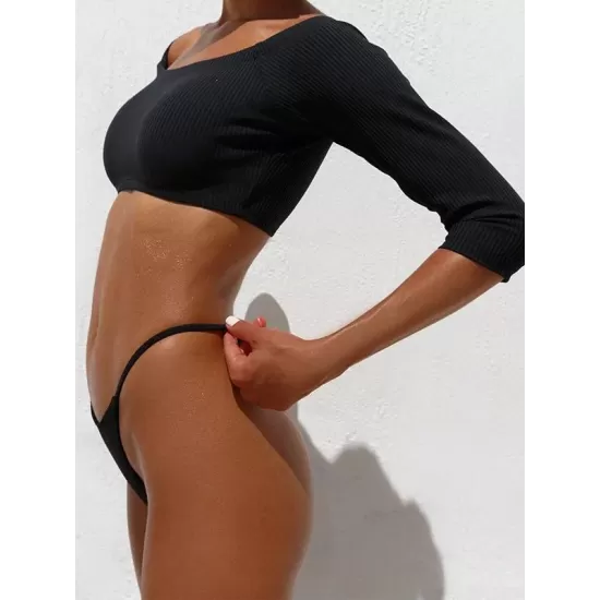 Off-The-Shoulder Ribbed Plain Tankini Swimsuit Off-The-Shoulder Ribbed Plain Tankini Swimsuit