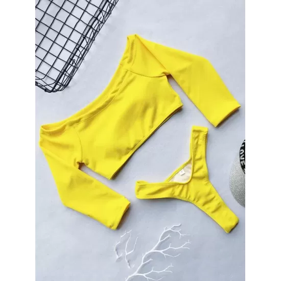 Off-The-Shoulder Ribbed Plain Tankini Swimsuit Off-The-Shoulder Ribbed Plain Tankini Swimsuit