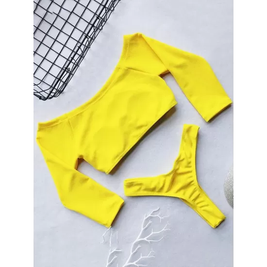 Off-The-Shoulder Ribbed Plain Tankini Swimsuit Off-The-Shoulder Ribbed Plain Tankini Swimsuit