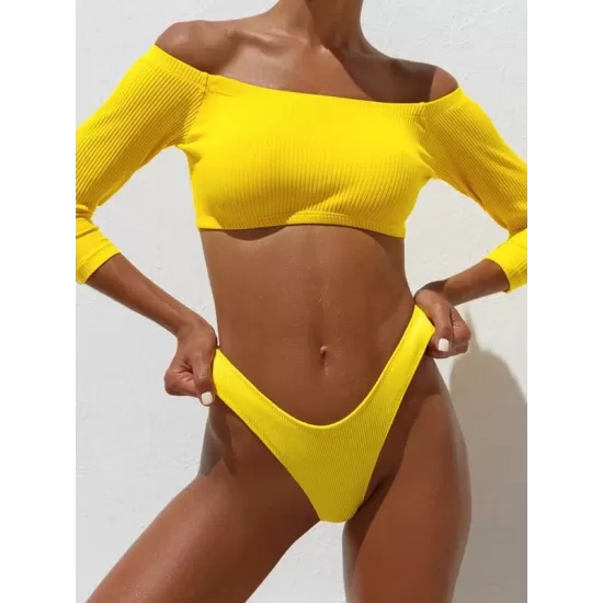 Off-The-Shoulder Ribbed Plain Tankini Swimsuit Off-The-Shoulder Ribbed Plain Tankini Swimsuit