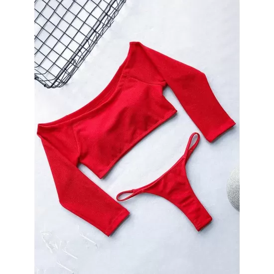 Off-The-Shoulder Ribbed Plain Tankini Swimsuit Off-The-Shoulder Ribbed Plain Tankini Swimsuit