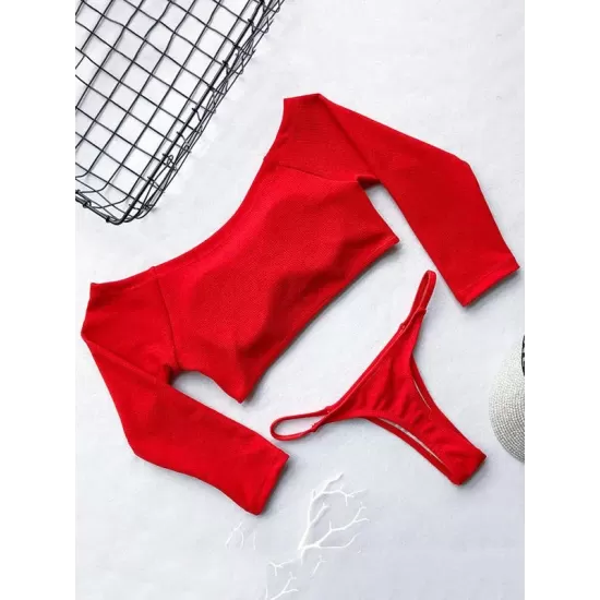 Off-The-Shoulder Ribbed Plain Tankini Swimsuit Off-The-Shoulder Ribbed Plain Tankini Swimsuit