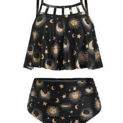 Fashion Hollow Spaghetti-Neck Printing High Waist Tankini Swimsuit