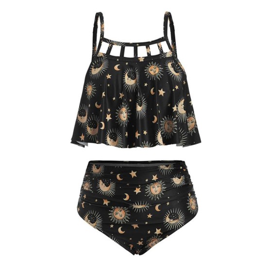 Fashion Hollow Spaghetti-Neck Printing High Waist Tankini Swimsuit Fashion Hollow Spaghetti-Neck Printing High Waist Tankini Swimsuit