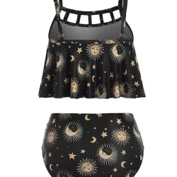 Fashion Hollow Spaghetti-Neck Printing High Waist Tankini Swimsuit