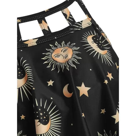 Fashion Hollow Spaghetti-Neck Printing High Waist Tankini Swimsuit Fashion Hollow Spaghetti-Neck Printing High Waist Tankini Swimsuit