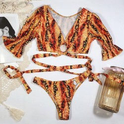 V-Neck Bandage Short Sleeves Printing Bikini Swimsuit