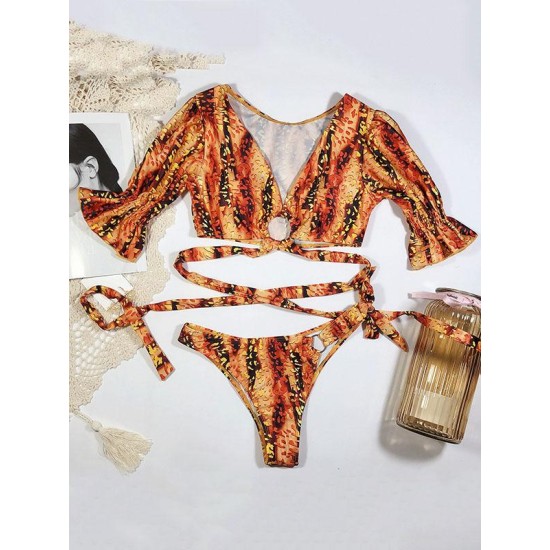 V-Neck Bandage Short Sleeves Printing Bikini Swimsuit V-Neck Bandage Short Sleeves Printing Bikini Swimsuit