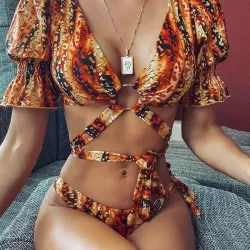 V-Neck Bandage Short Sleeves Printing Bikini Swimsuit