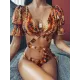 V-Neck Bandage Short Sleeves Printing Bikini Swimsuit V-Neck Bandage Short Sleeves Printing Bikini Swimsuit