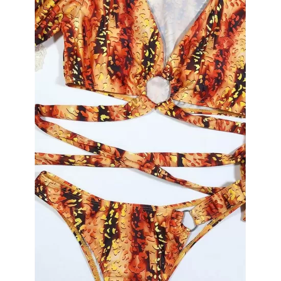 V-Neck Bandage Short Sleeves Printing Bikini Swimsuit V-Neck Bandage Short Sleeves Printing Bikini Swimsuit