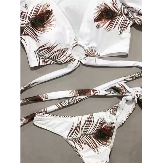V-Neck Bandage Short Sleeves Printing Bikini Swimsuit V-Neck Bandage Short Sleeves Printing Bikini Swimsuit