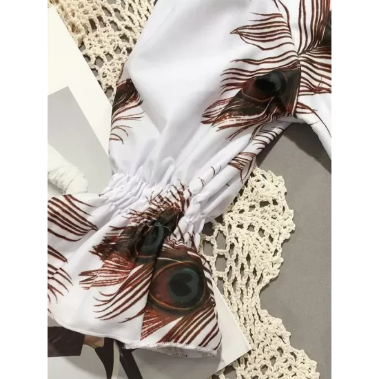 V-Neck Bandage Short Sleeves Printing Bikini Swimsuit V-Neck Bandage Short Sleeves Printing Bikini Swimsuit