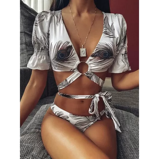 V-Neck Bandage Short Sleeves Printing Bikini Swimsuit V-Neck Bandage Short Sleeves Printing Bikini Swimsuit