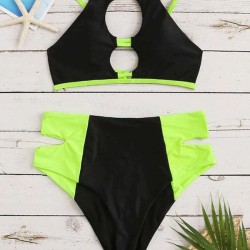 Patchwork Hollow Split Bikini Swimsuit
